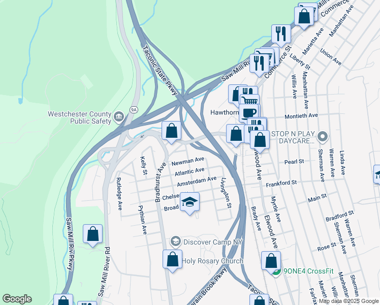 map of restaurants, bars, coffee shops, grocery stores, and more near 85 Newman Avenue in Hawthorne