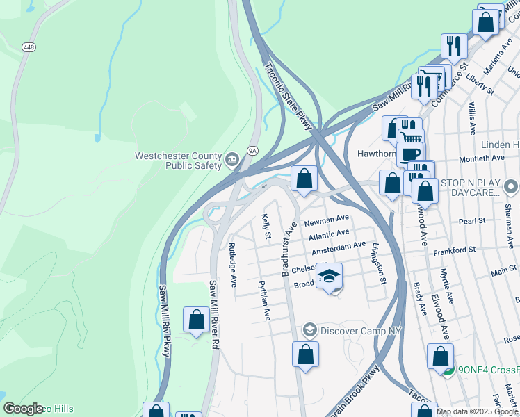 map of restaurants, bars, coffee shops, grocery stores, and more near 338 Kelly Street in Hawthorne