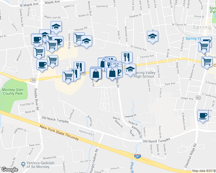 map of restaurants, bars, coffee shops, grocery stores, and more near 10 Secora Road in Monsey