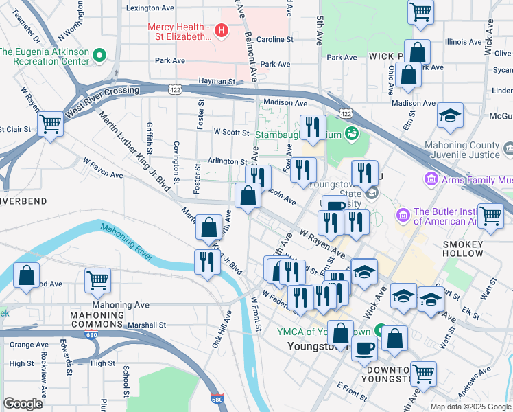 map of restaurants, bars, coffee shops, grocery stores, and more near 351 West Rayen Avenue in Youngstown