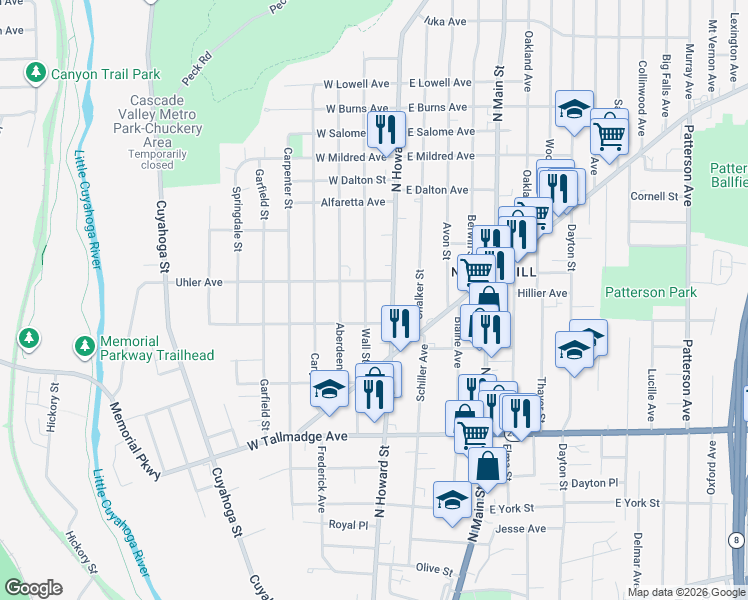 map of restaurants, bars, coffee shops, grocery stores, and more near 753 Wall Street in Akron