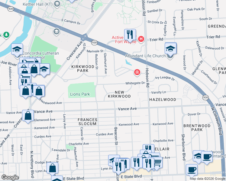 map of restaurants, bars, coffee shops, grocery stores, and more near 2728 Roscommon Drive in Fort Wayne