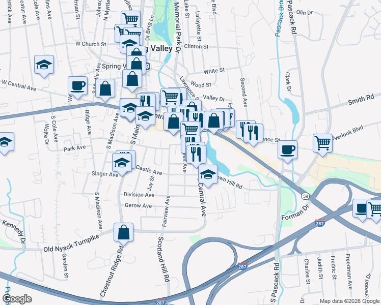 map of restaurants, bars, coffee shops, grocery stores, and more near 77 South Central Avenue in Spring Valley