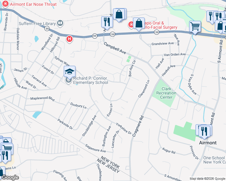 map of restaurants, bars, coffee shops, grocery stores, and more near 9 Oxford Court in Suffern