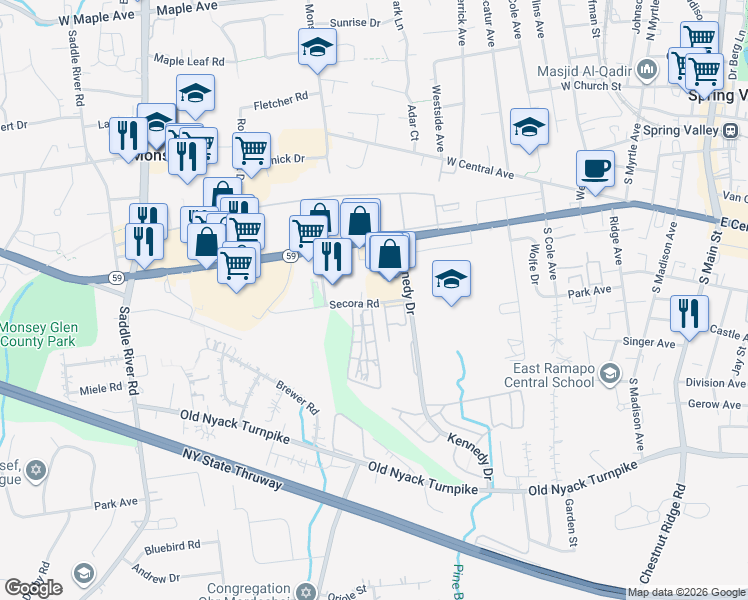 map of restaurants, bars, coffee shops, grocery stores, and more near 1 Secora Road in Ramapo
