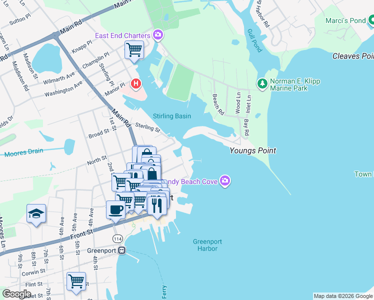 map of restaurants, bars, coffee shops, grocery stores, and more near 20E Stirling Cove in Greenport