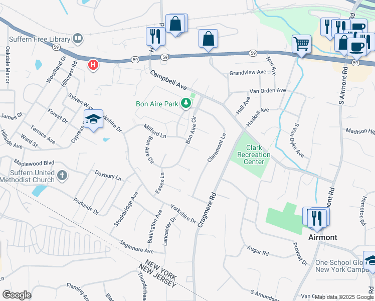 map of restaurants, bars, coffee shops, grocery stores, and more near 22 Bon Aire Circle in Suffern
