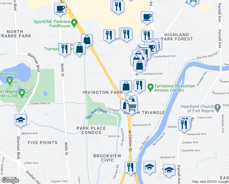 map of restaurants, bars, coffee shops, grocery stores, and more near 3325 Lima Road in Fort Wayne