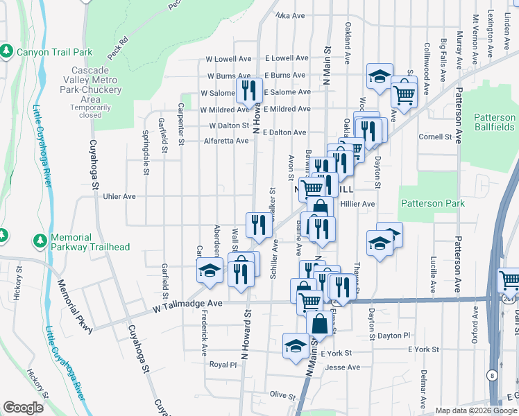 map of restaurants, bars, coffee shops, grocery stores, and more near 775 North Howard Street in Akron