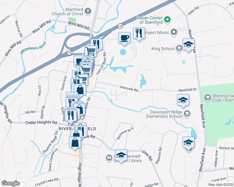 map of restaurants, bars, coffee shops, grocery stores, and more near 95 Intervale Rd in Stamford