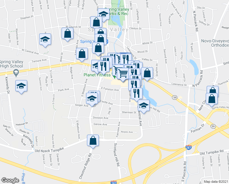 map of restaurants, bars, coffee shops, grocery stores, and more near 500 East Funston Avenue in Spring Valley