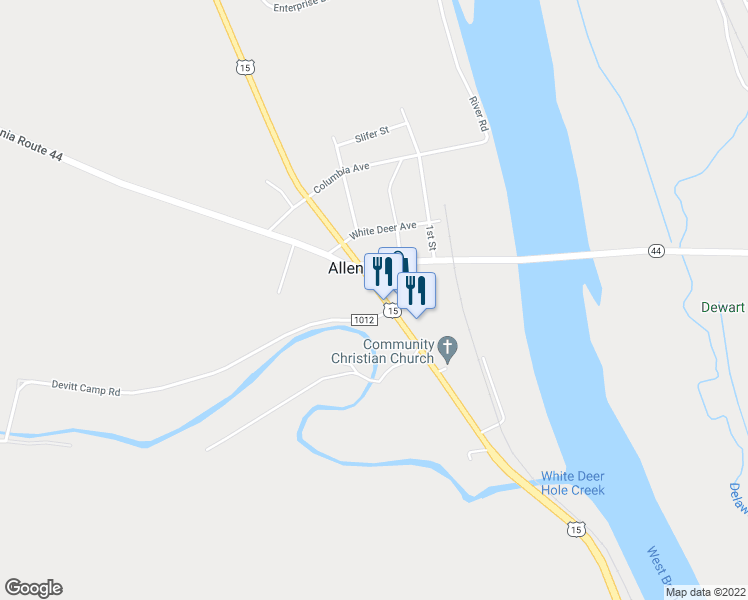 map of restaurants, bars, coffee shops, grocery stores, and more near 16819 U.S. Highway 15/501 in Allenwood