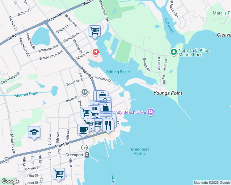 map of restaurants, bars, coffee shops, grocery stores, and more near 127 Sterling Avenue in Greenport