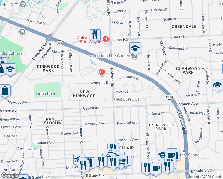 map of restaurants, bars, coffee shops, grocery stores, and more near in Fort Wayne