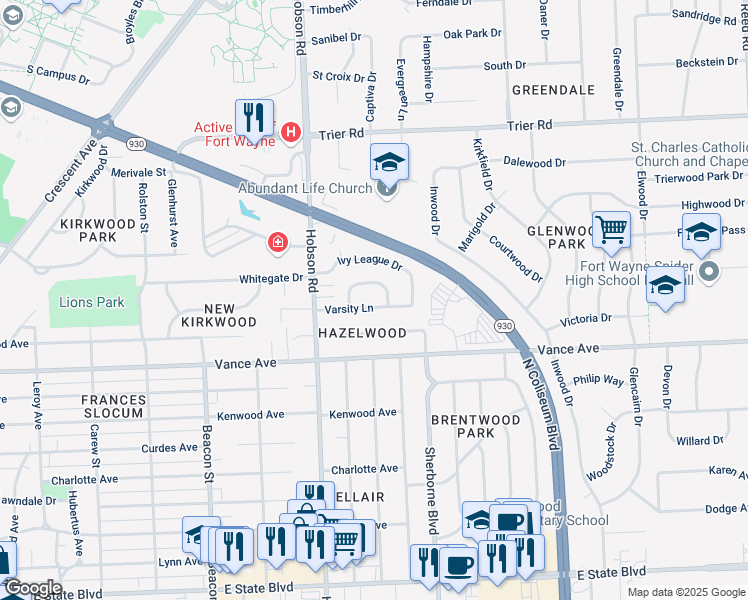 map of restaurants, bars, coffee shops, grocery stores, and more near 3404 Varsity Lane in Fort Wayne
