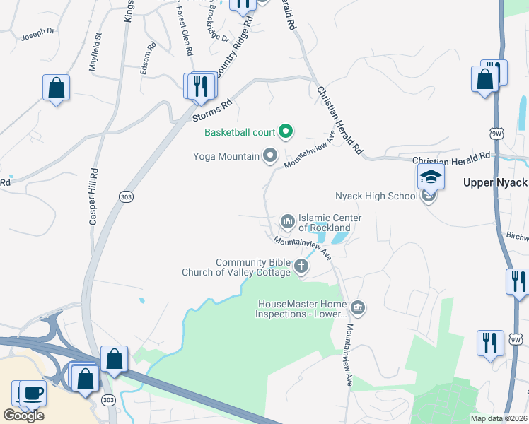 map of restaurants, bars, coffee shops, grocery stores, and more near 81 Mountainview Avenue in Nyack