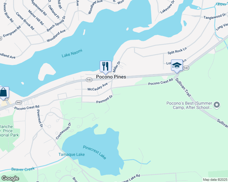 map of restaurants, bars, coffee shops, grocery stores, and more near 2356 Paxmont Drive in Pocono Pines