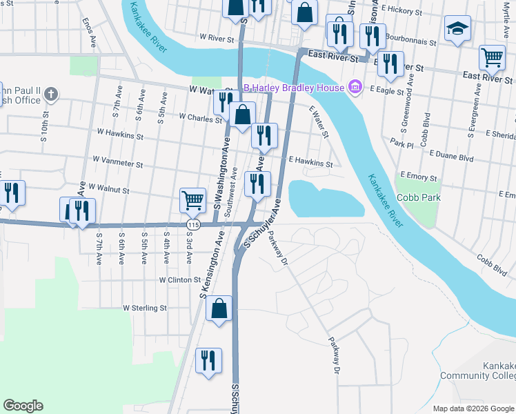 map of restaurants, bars, coffee shops, grocery stores, and more near 1196 South East Avenue in Kankakee