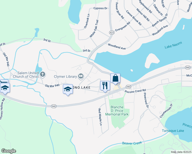 map of restaurants, bars, coffee shops, grocery stores, and more near 111 Sweet Pea Lane in Pocono Pines