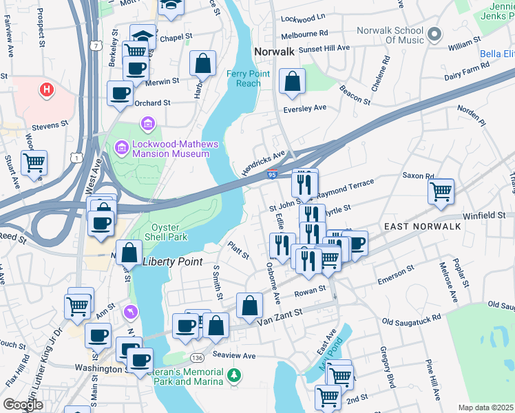 map of restaurants, bars, coffee shops, grocery stores, and more near 71b Osborne Avenue in Norwalk