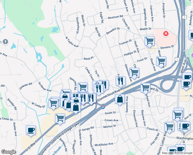 map of restaurants, bars, coffee shops, grocery stores, and more near 14 Cedar Crest Place in Norwalk