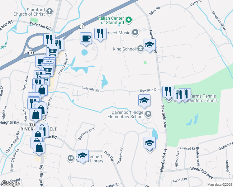 map of restaurants, bars, coffee shops, grocery stores, and more near 20 Joan Road in Stamford