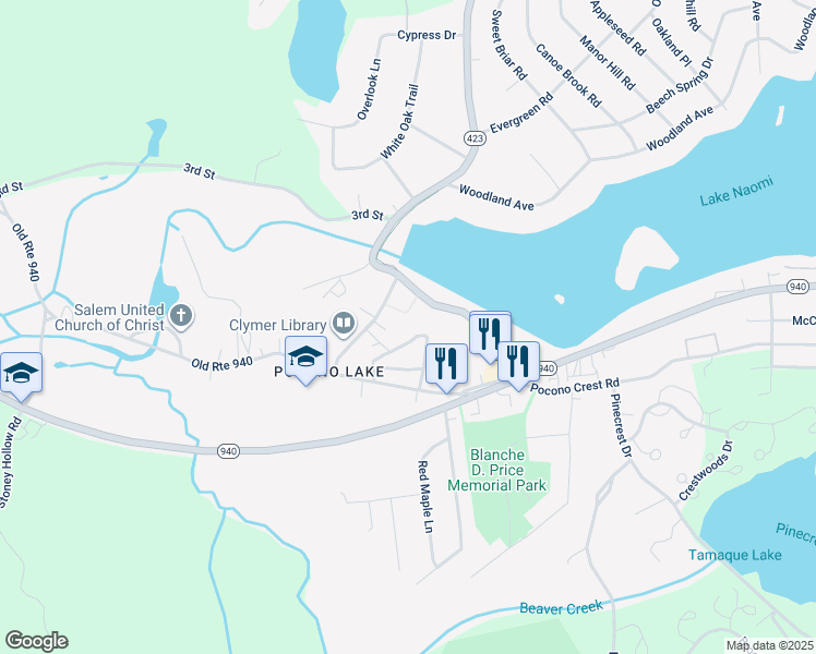 map of restaurants, bars, coffee shops, grocery stores, and more near 111 Sweet Pea Lane in Pocono Pines