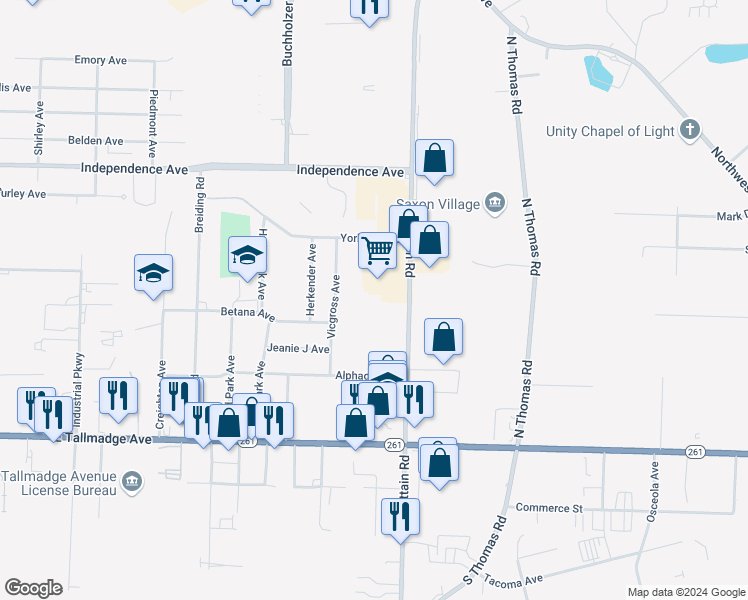 map of restaurants, bars, coffee shops, grocery stores, and more near 1600 Brittain Road in Akron