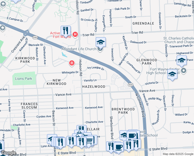 map of restaurants, bars, coffee shops, grocery stores, and more near 3404 Varsity Lane in Fort Wayne