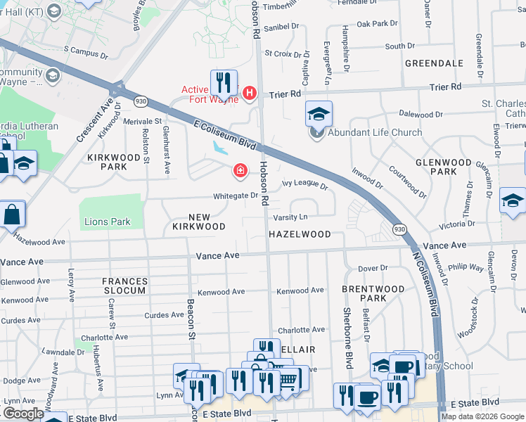 map of restaurants, bars, coffee shops, grocery stores, and more near in Fort Wayne