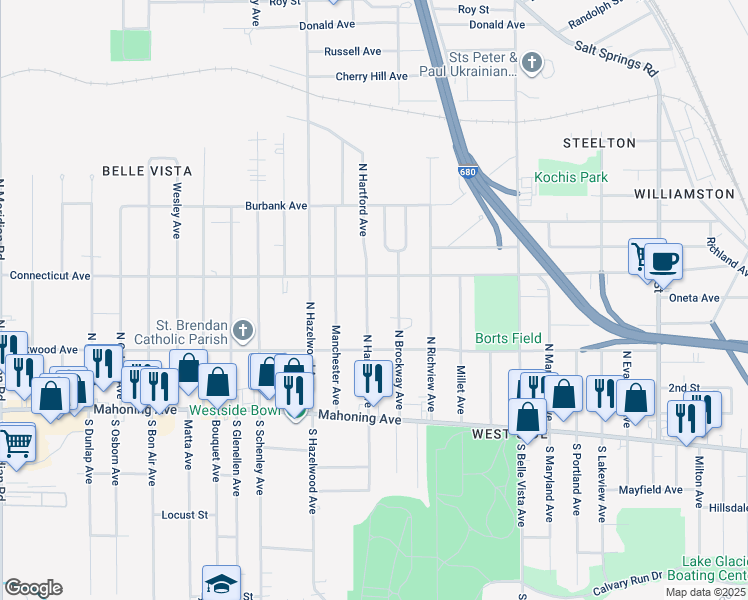 map of restaurants, bars, coffee shops, grocery stores, and more near 155 North Hartford Avenue in Youngstown