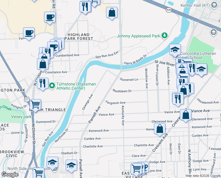 map of restaurants, bars, coffee shops, grocery stores, and more near 1032 Northlawn Drive in Fort Wayne