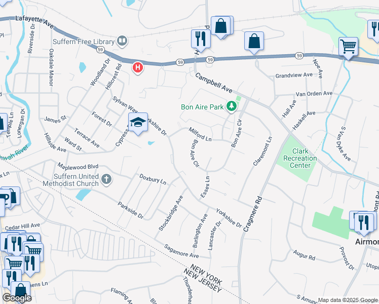 map of restaurants, bars, coffee shops, grocery stores, and more near 66 Bon Aire Circle in Suffern