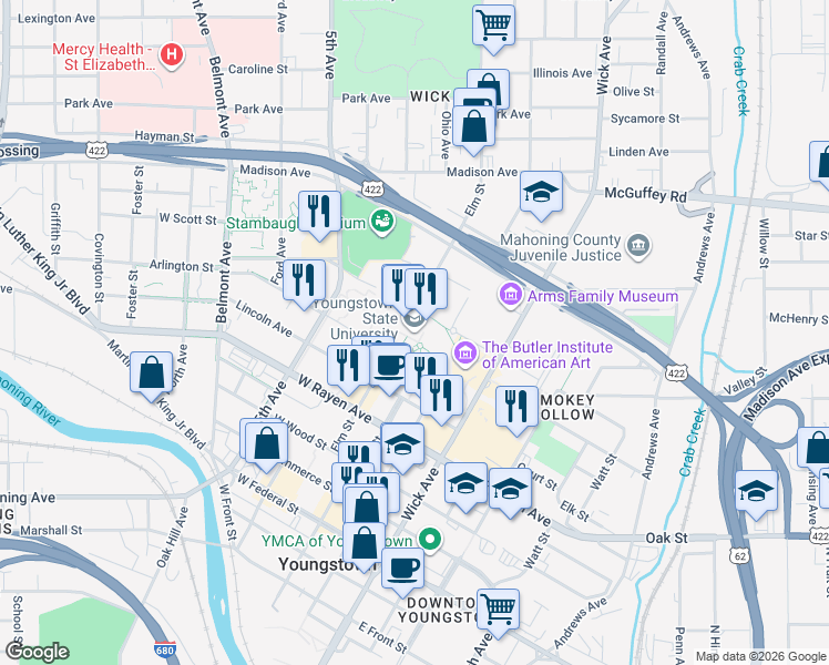 map of restaurants, bars, coffee shops, grocery stores, and more near in Youngstown