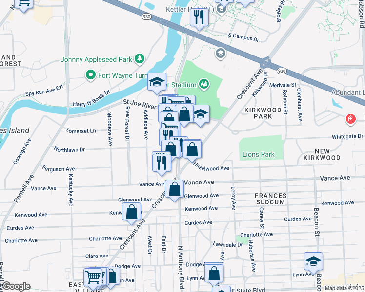 map of restaurants, bars, coffee shops, grocery stores, and more near 3308 North Anthony Boulevard in Fort Wayne