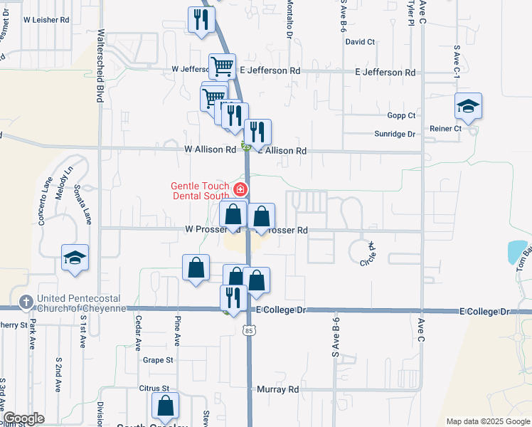 map of restaurants, bars, coffee shops, grocery stores, and more near 1201 South Greeley Highway in Cheyenne