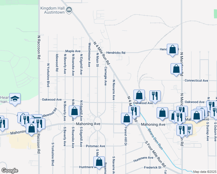 map of restaurants, bars, coffee shops, grocery stores, and more near 163 Carnegie Avenue in Youngstown