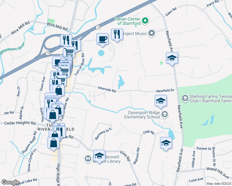 map of restaurants, bars, coffee shops, grocery stores, and more near 95 Intervale Road in Stamford