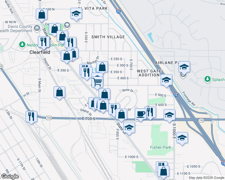 map of restaurants, bars, coffee shops, grocery stores, and more near 119 Parkway Drive in Clearfield