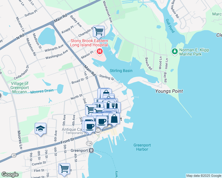 map of restaurants, bars, coffee shops, grocery stores, and more near 515 Carpenter Street in Greenport