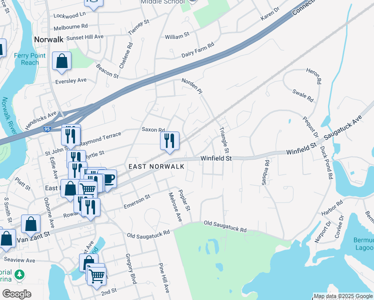 map of restaurants, bars, coffee shops, grocery stores, and more near 78 Winfield Street in Norwalk