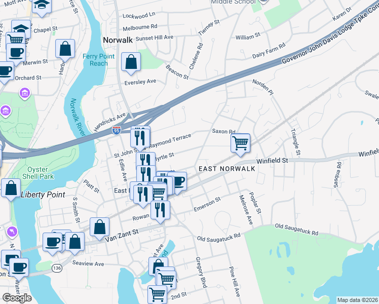 map of restaurants, bars, coffee shops, grocery stores, and more near 18 Strawberry Hill Avenue in Norwalk