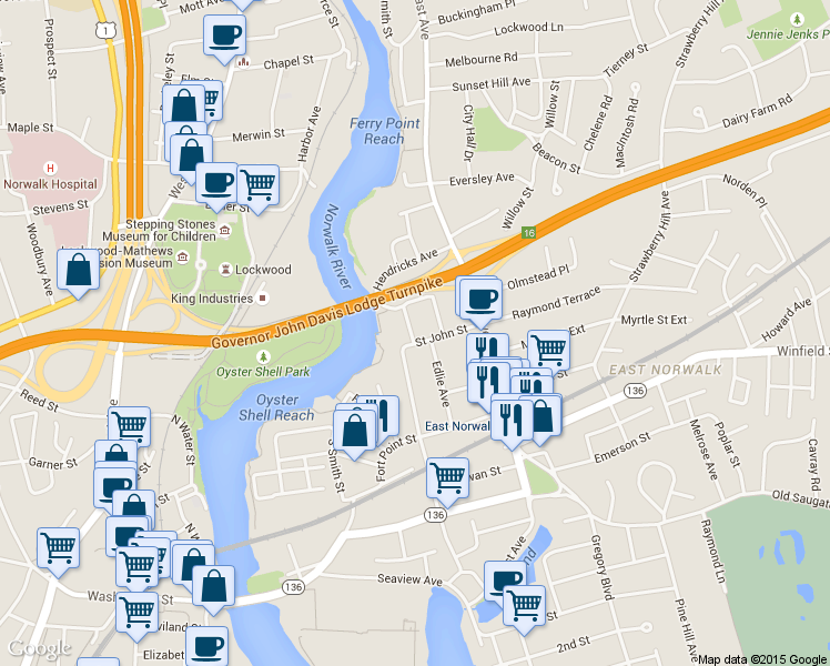 map of restaurants, bars, coffee shops, grocery stores, and more near 71b Osborne Avenue in Norwalk