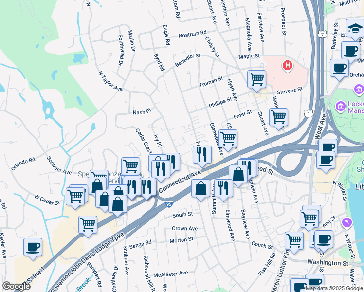 map of restaurants, bars, coffee shops, grocery stores, and more near 6 North Taylor Avenue in Norwalk