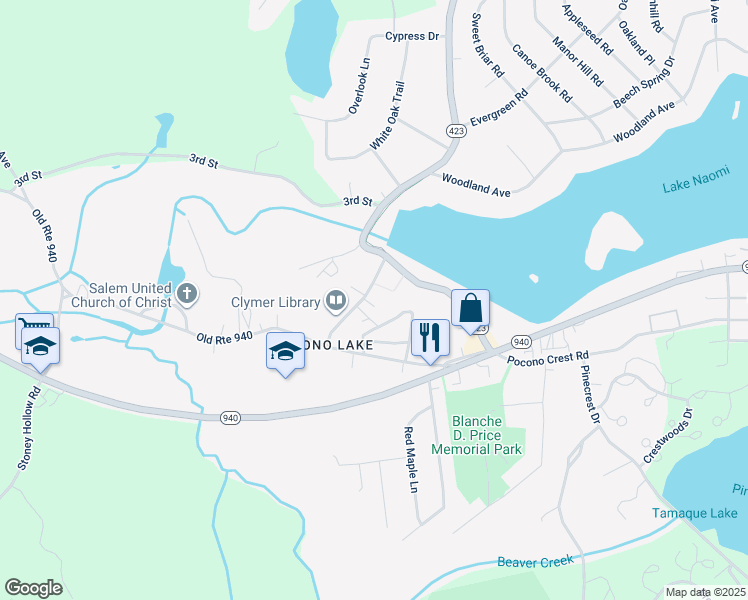 map of restaurants, bars, coffee shops, grocery stores, and more near 128 Firehouse Road in Pocono Pines
