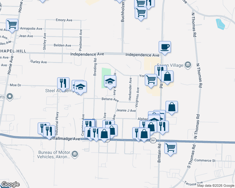 map of restaurants, bars, coffee shops, grocery stores, and more near 1370 Betana Avenue in Akron