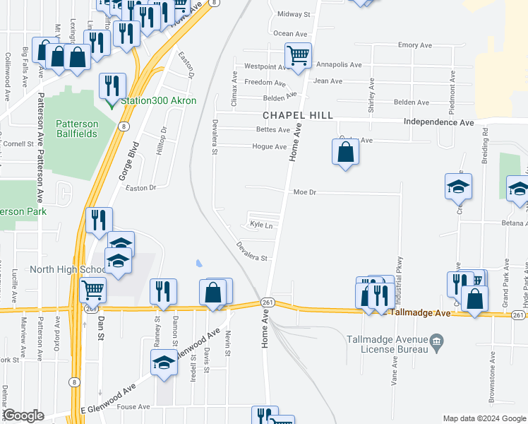 map of restaurants, bars, coffee shops, grocery stores, and more near 22 Kyle Lane in Akron