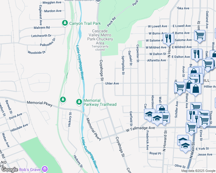 map of restaurants, bars, coffee shops, grocery stores, and more near 585 Cuyahoga Street in Akron