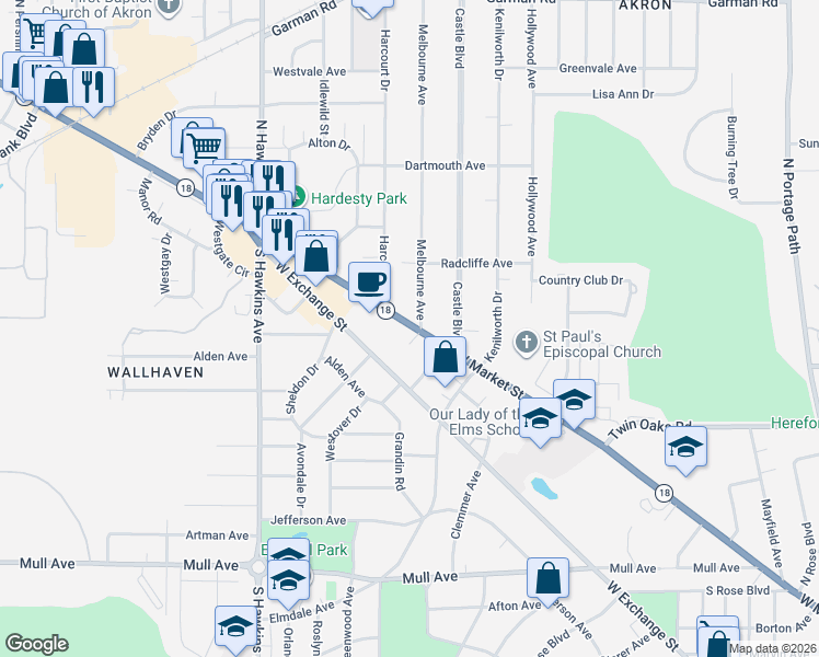 map of restaurants, bars, coffee shops, grocery stores, and more near West Market Street in Akron