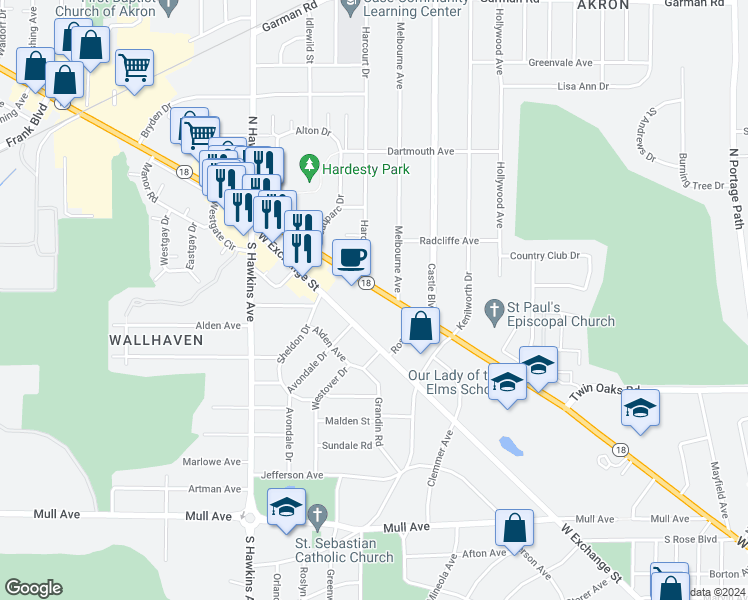 map of restaurants, bars, coffee shops, grocery stores, and more near West Market Street in Akron